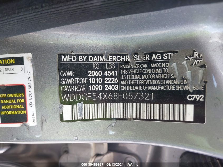 2008 Mercedes-Benz C 300 Luxury/Sport VIN: WDDGF54X68F057321 Lot: 39469637