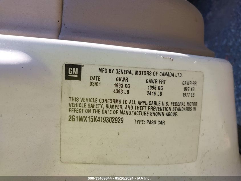 2001 Chevrolet Monte Carlo Ss VIN: 2G1WX15K419302929 Lot: 39469644