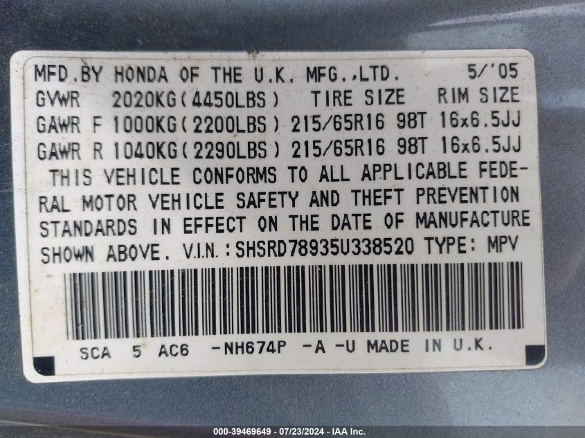 2005 Honda Cr-V Se VIN: SHSRD78935U338520 Lot: 39469649