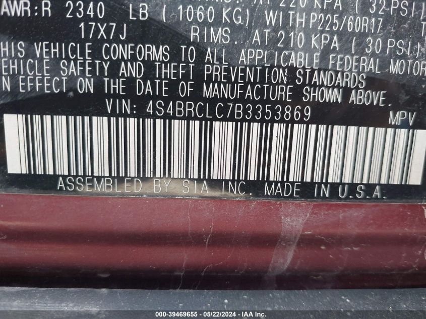 2011 Subaru Outback 2.5I Limited VIN: 4S4BRCLC7B3353869 Lot: 39469655