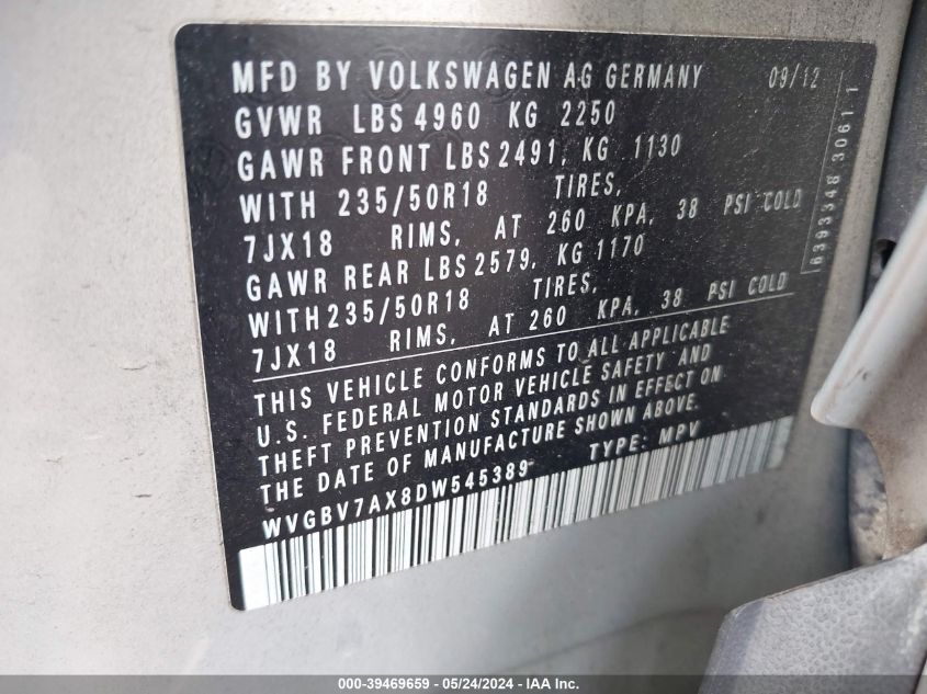 2013 VOLKSWAGEN TIGUAN SE - WVGBV7AX8DW545389