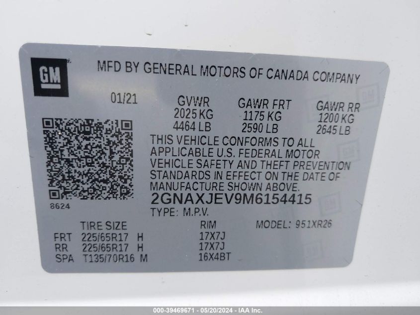 2021 Chevrolet Equinox Fwd 2Fl VIN: 2GNAXJEV9M6154415 Lot: 39469671