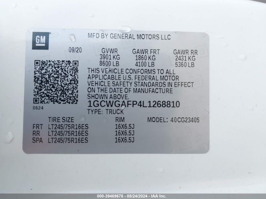 2020 Chevrolet Express Cargo Rwd 2500 Regular Wheelbase Wt VIN: 1GCWGAFP4L1268810 Lot: 39469678