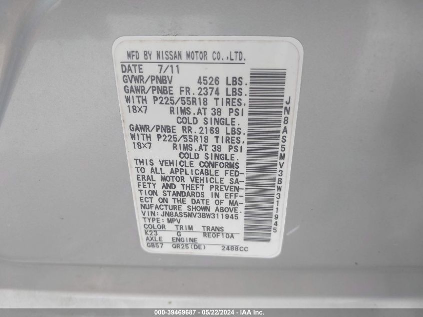 2011 Nissan Rogue Sv VIN: JN8AS5MV3BW311945 Lot: 39469687