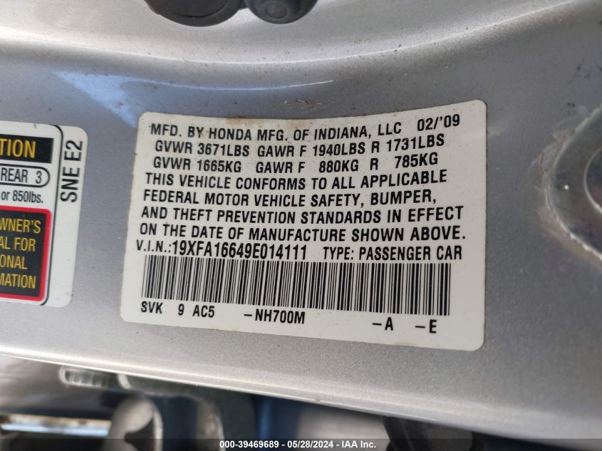 2009 Honda Civic Lx-S VIN: 19XFA16649E014111 Lot: 39469689