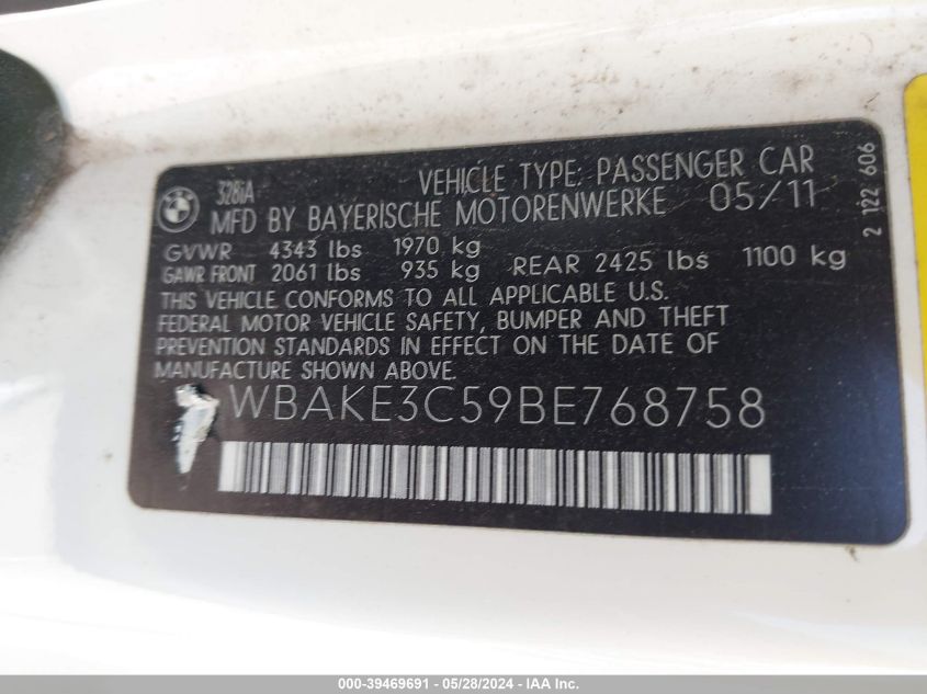 2011 BMW 328I VIN: WBAKE3C59BE768758 Lot: 39469691