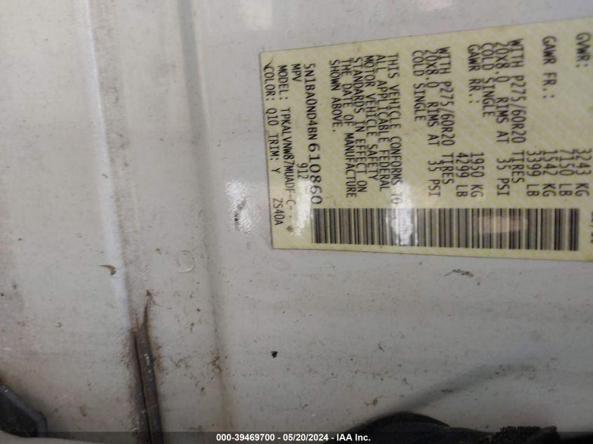 2011 Nissan Armada Sl VIN: 5N1BA0ND4BN610860 Lot: 39469700