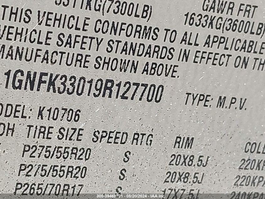 2009 Chevrolet Tahoe Ltz VIN: 1GNFK33019R127700 Lot: 39469701