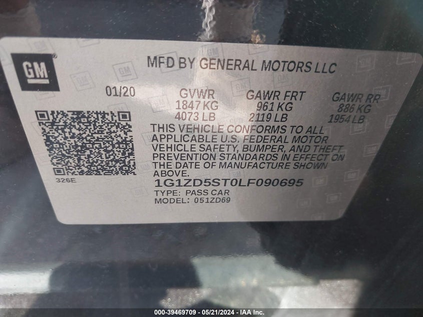 2020 Chevrolet Malibu Fwd Lt VIN: 1G1ZD5ST0LF090695 Lot: 39469709