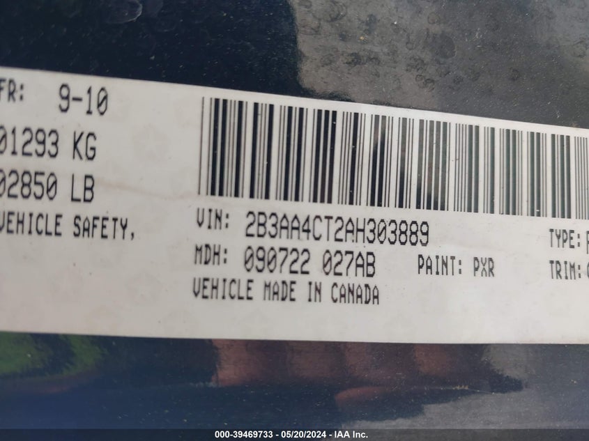 2010 Dodge Charger VIN: 2B3AA4CT2AH303889 Lot: 39469733