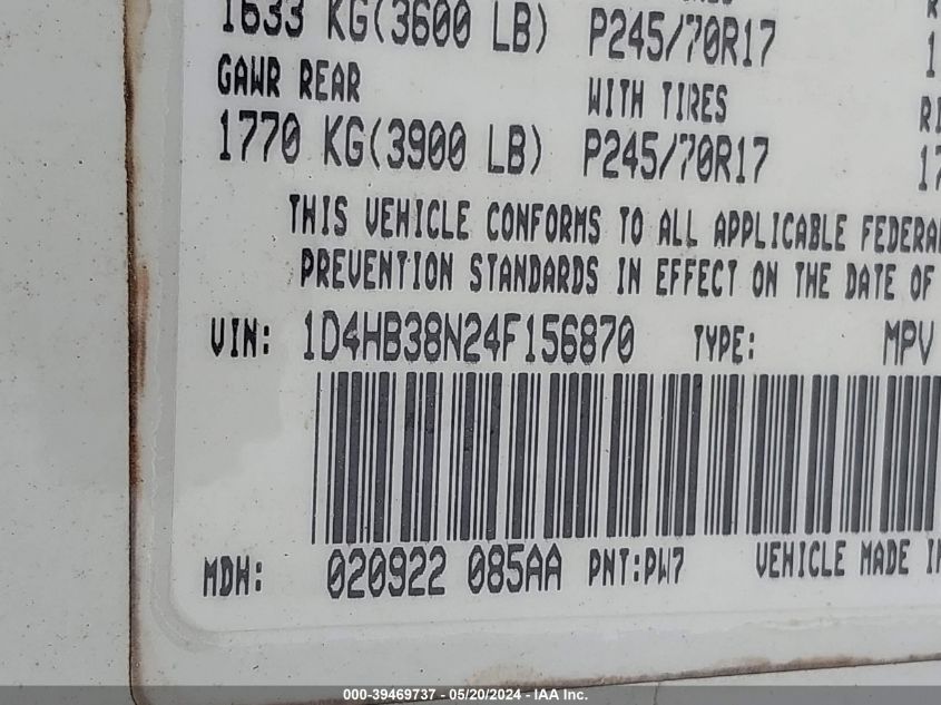 2004 Dodge Durango St VIN: 1D4HB38N24F156870 Lot: 39469737