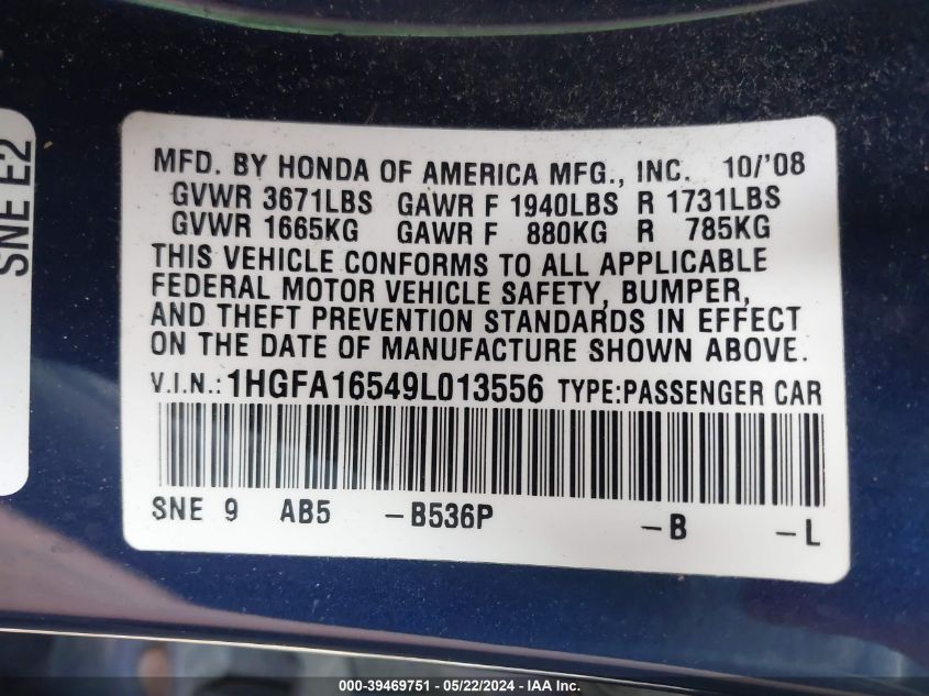 2009 Honda Civic Lx VIN: 1HGFA16549L013556 Lot: 39469751