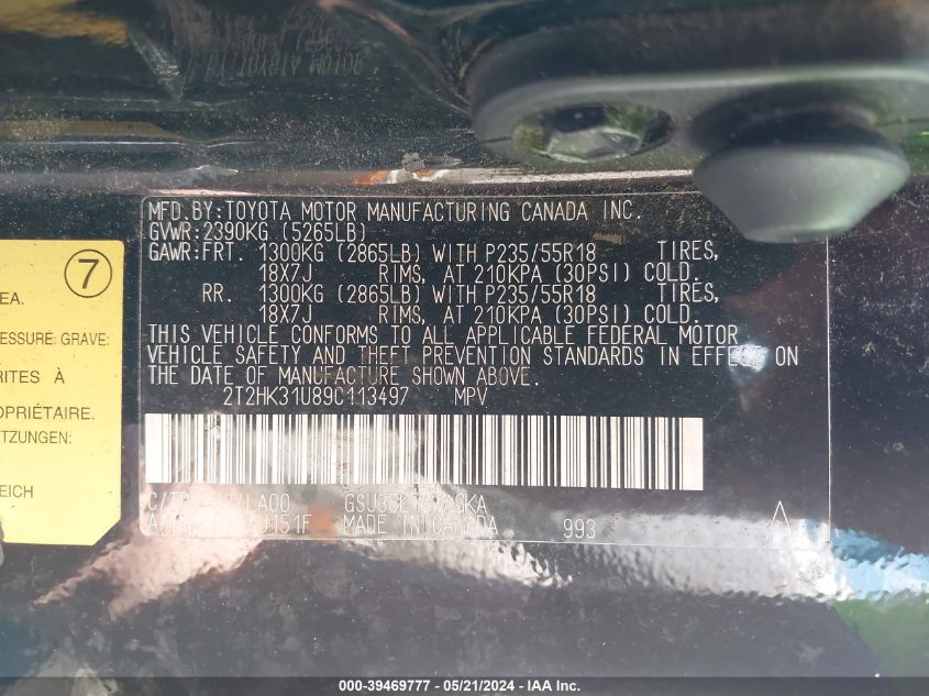 2009 Lexus Rx 350 VIN: 2T2HK31U89C113497 Lot: 39469777