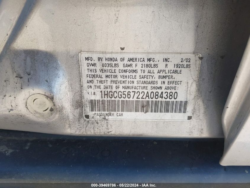 2002 Honda Accord 2.3 Se VIN: 1HGCG56722A084380 Lot: 43946884