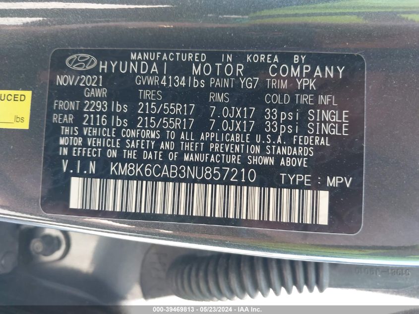 2022 Hyundai Kona Sel VIN: KM8K6CAB3NU857210 Lot: 39469813