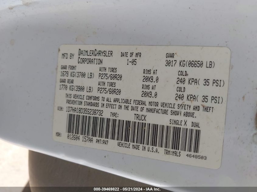 2005 Dodge Ram 1500 Slt/Laramie VIN: 1D7HA18D35S238732 Lot: 39469822