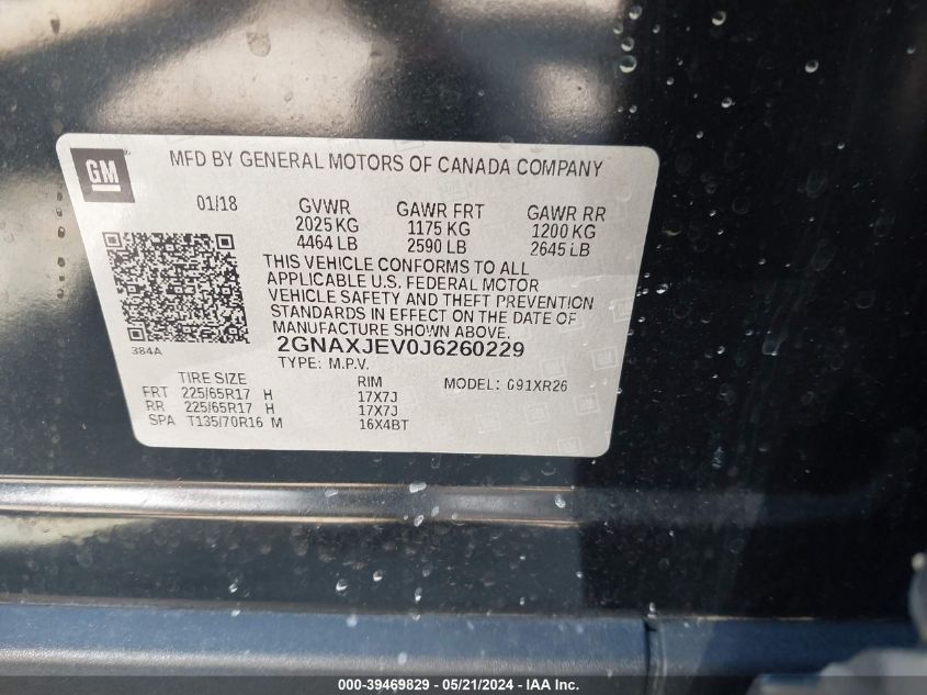 2018 Chevrolet Equinox Lt VIN: 2GNAXJEV0J6260229 Lot: 39469829