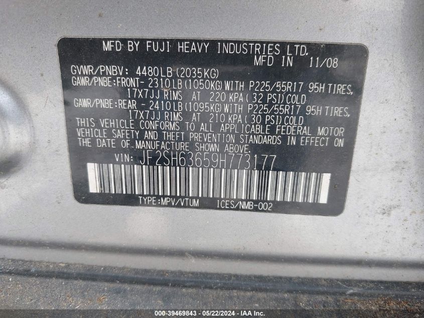 2009 Subaru Forester 2.5X VIN: JF2SH63659H773177 Lot: 39469843
