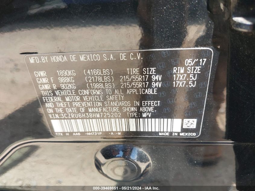 2017 Honda Hr-V Lx VIN: 3CZRU6H38HM725202 Lot: 39469851