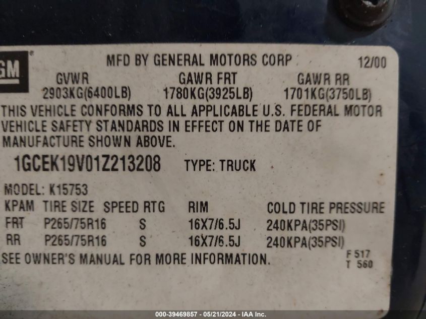 2001 Chevrolet Silverado 1500 Ls VIN: 1GCEK19V01Z213208 Lot: 39469857