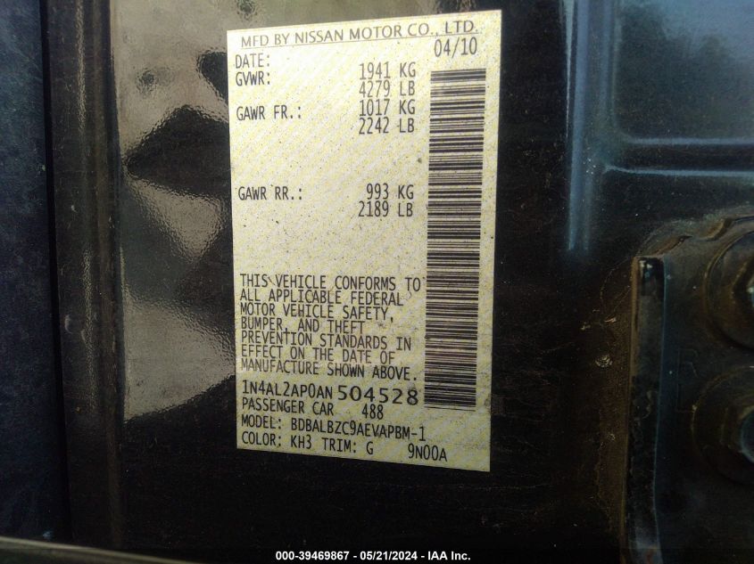 2010 Nissan Altima 2.5 S VIN: 1N4AL2AP0AN504528 Lot: 39469867