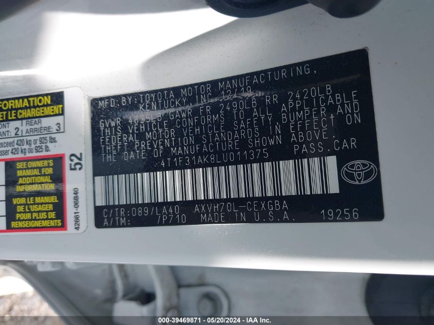 2020 Toyota Camry Xle Hybrid VIN: 4T1F31AK8LU011375 Lot: 39469871