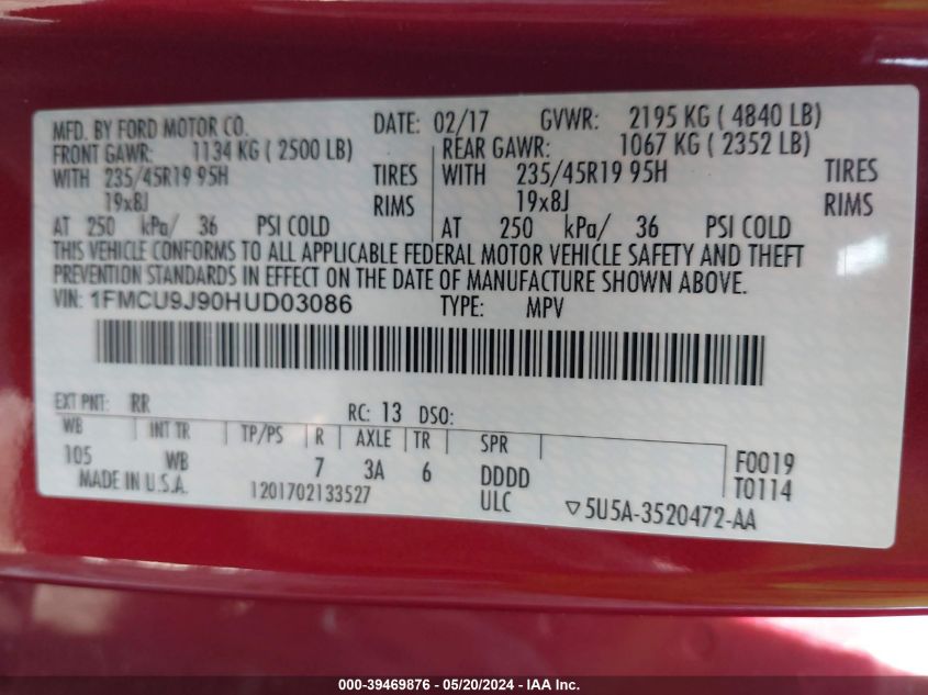 2017 Ford Escape Titanium VIN: 1FMCU9J90HUD03086 Lot: 39469876