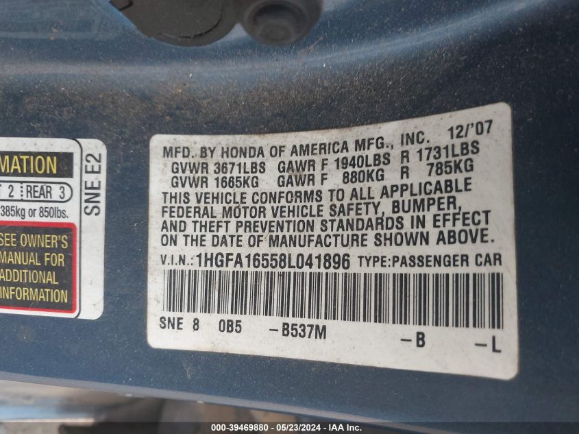 2008 Honda Civic Lx VIN: 1HGFA16558L041896 Lot: 39469880