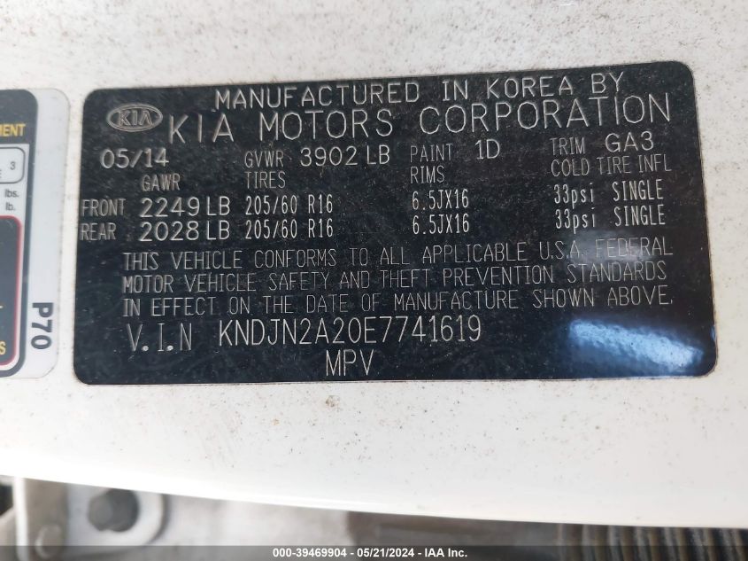 2014 Kia Soul VIN: KNDJN2A20E7741619 Lot: 39469904