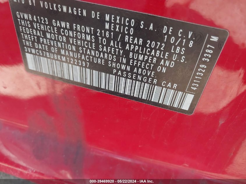 2019 Volkswagen Jetta 1.4T R-Line/1.4T S/1.4T Se VIN: 3VWC57BU8KM122397 Lot: 39469920