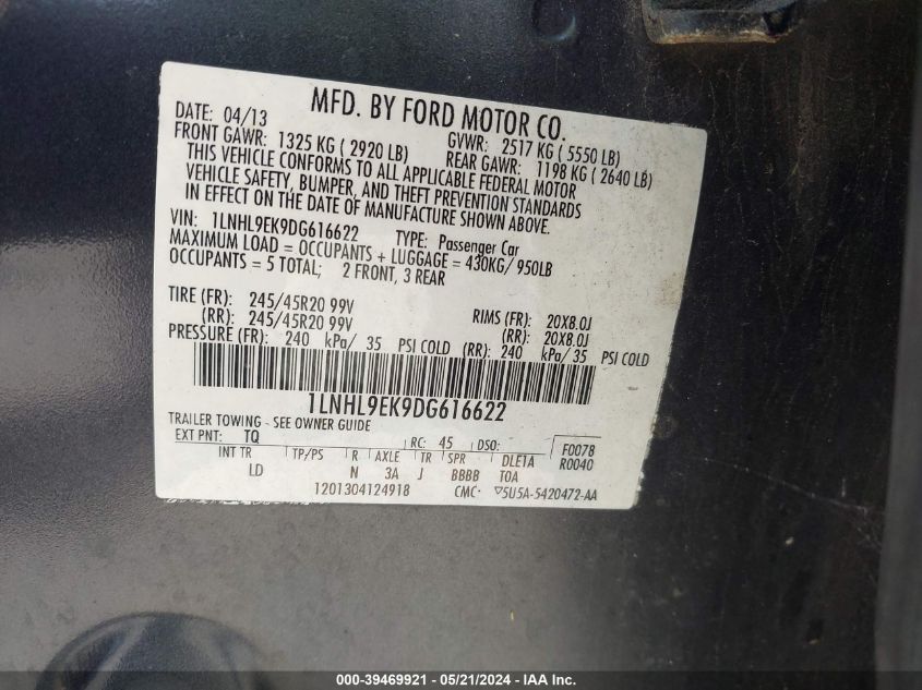 2013 Lincoln Mks VIN: 1LNHL9EK9DG616622 Lot: 39469921