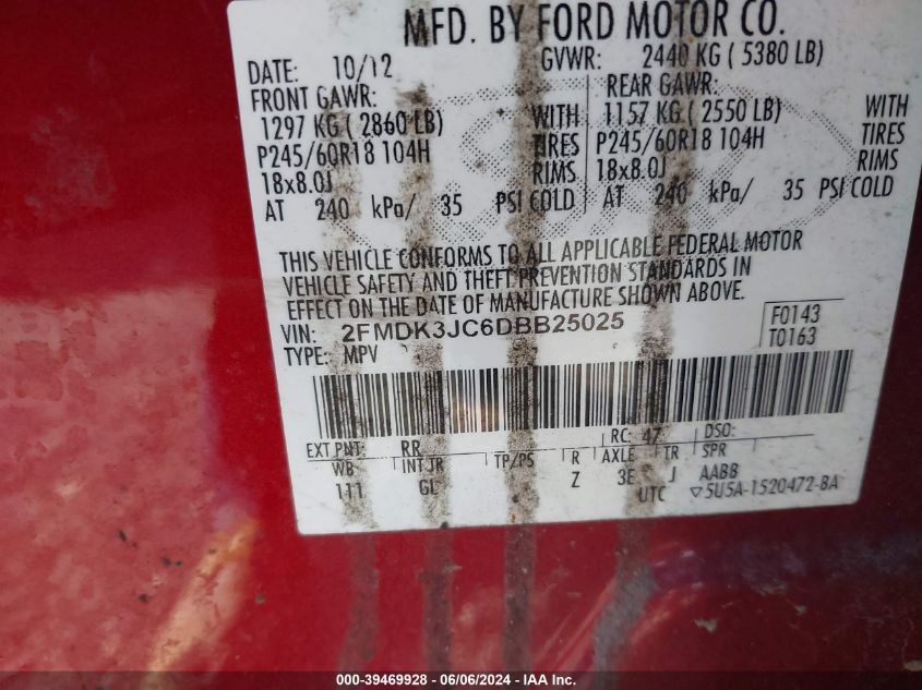 2013 Ford Edge Sel VIN: 2FMDK3JC6DBB25025 Lot: 39469928