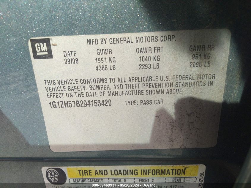 2009 Chevrolet Malibu Lt VIN: 1G1ZH57B294153420 Lot: 39469937