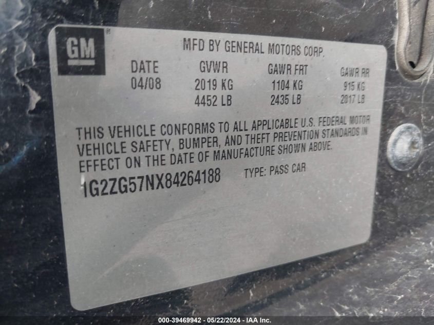 2008 Pontiac G6 VIN: 1G2ZG57NX84264188 Lot: 39469942