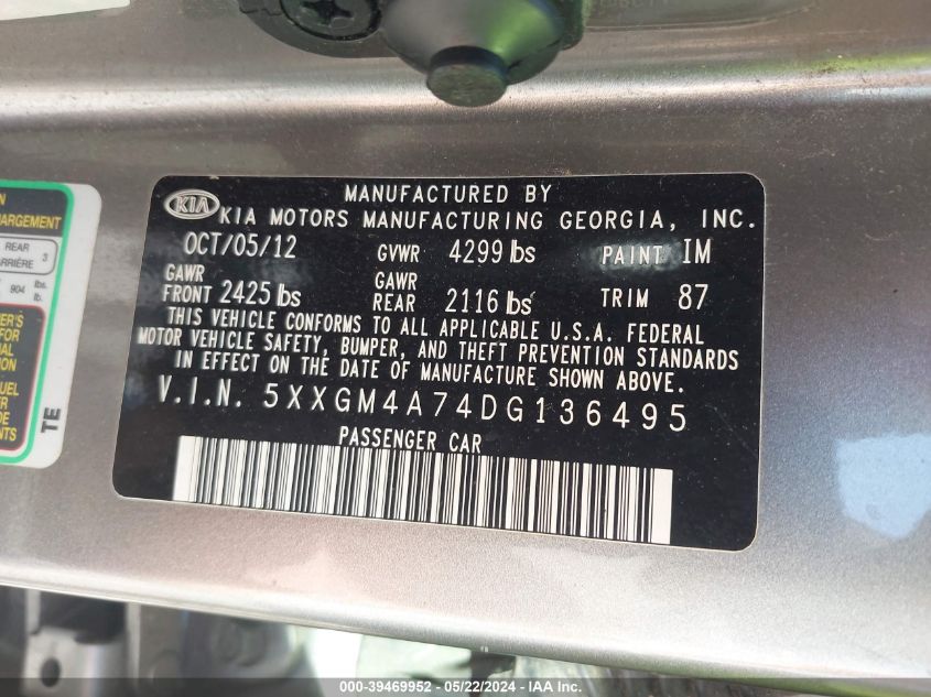 2013 Kia Optima Lx VIN: 5XXGM4A74DG136495 Lot: 39469952