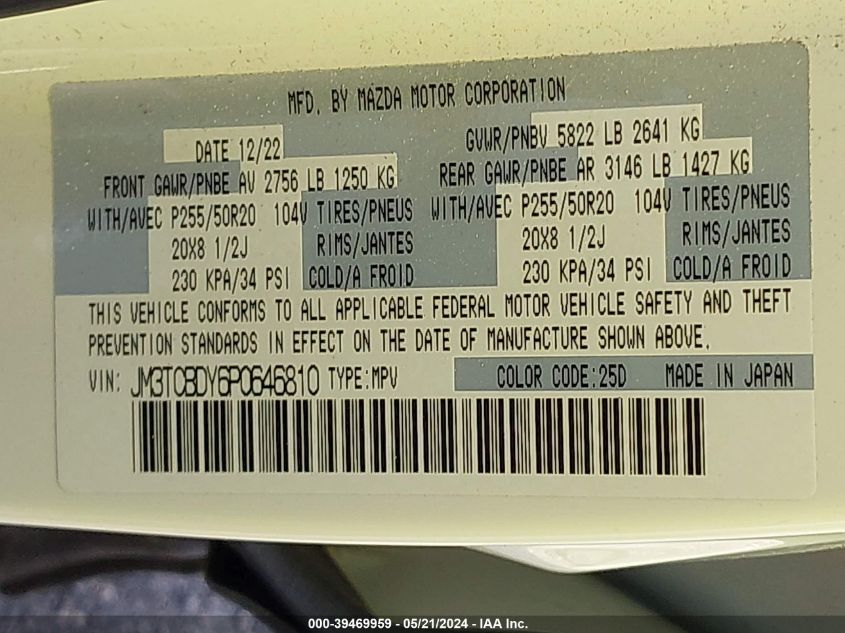 2023 Mazda Cx-9 Grand Touring VIN: JM3TCBDY6P0646810 Lot: 39469959