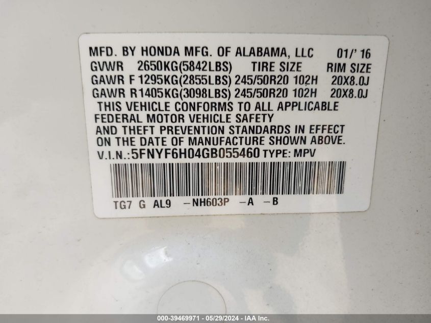 2016 Honda Pilot Elite VIN: 5FNYF6H04GB055460 Lot: 39469971