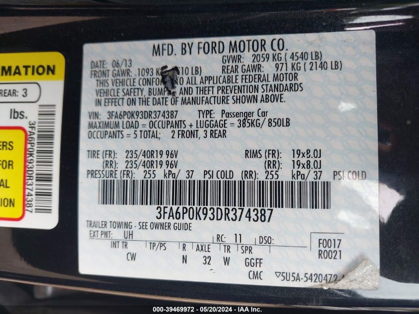 3FA6P0K93DR374387 | 2013 FORD FUSION