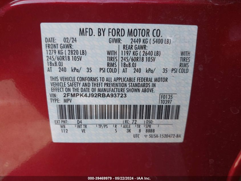 2024 Ford Edge Sel VIN: 2FMPK4J92RBA93723 Lot: 39469979