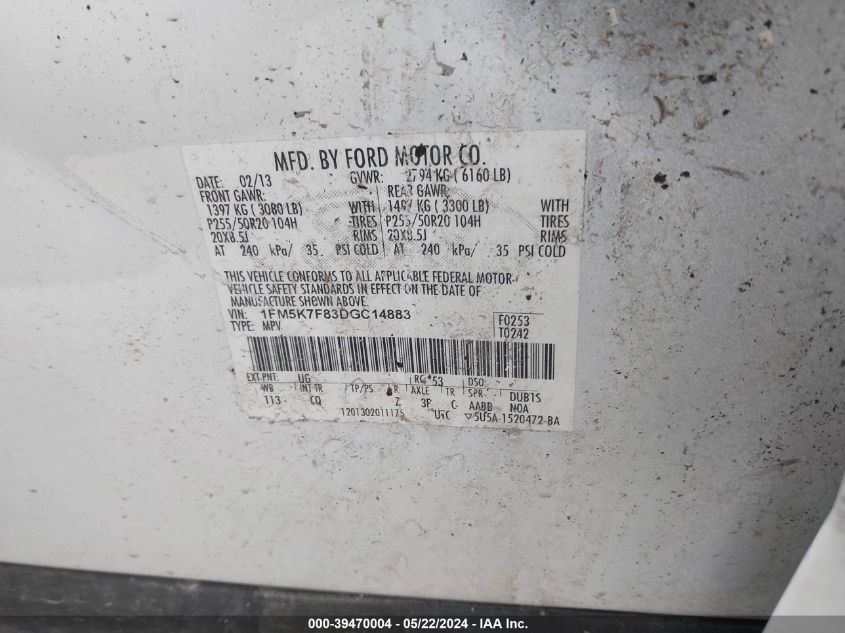 2013 Ford Explorer Limited VIN: 1FM5K7F83DGC14883 Lot: 39470004