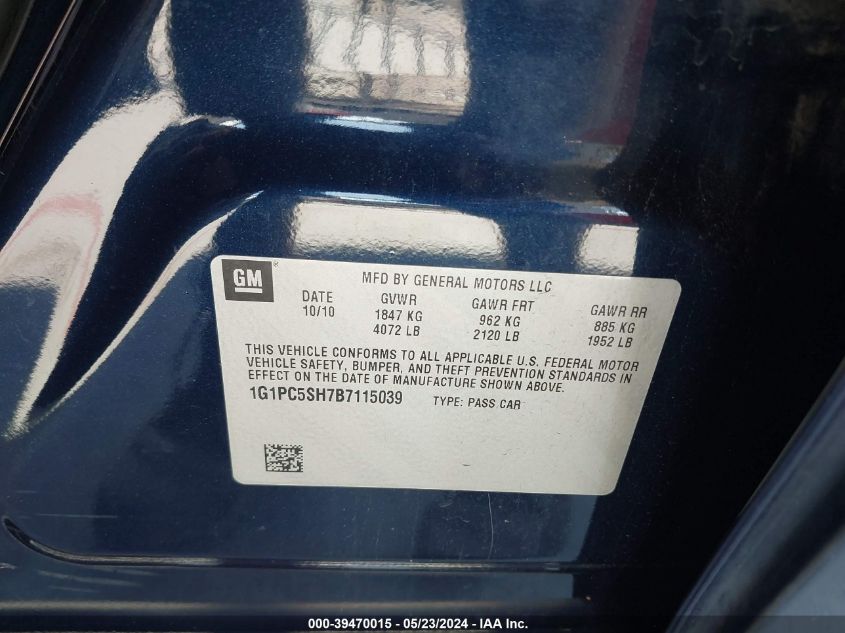 2011 Chevrolet Cruze Ls VIN: 1G1PC5SH7B7115039 Lot: 39470015