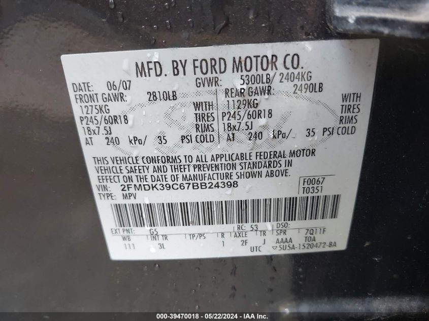 2007 Ford Edge Sel Plus VIN: 2FMDK39C67BB24398 Lot: 39470018