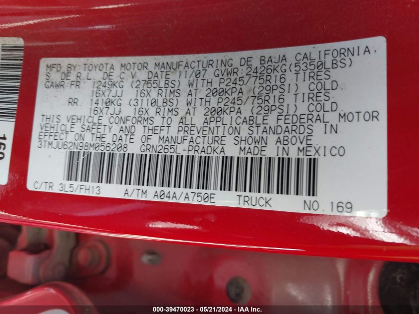 2008 Toyota Tacoma Prerunner V6 VIN: 3TMJU62N98M056208 Lot: 39470023