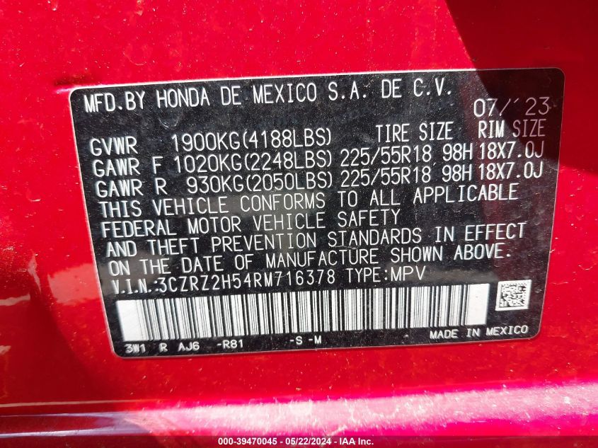 2024 Honda Hr-V Awd Sport/Awd Sport W/O Bsi VIN: 3CZRZ2H54RM716378 Lot: 39470045