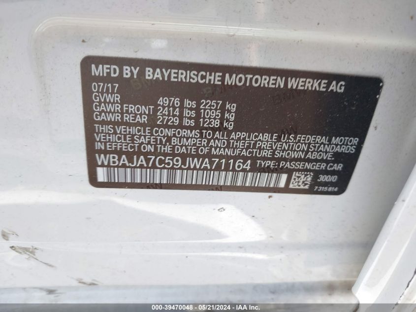 2018 BMW 530I xDrive VIN: WBAJA7C59JWA71164 Lot: 39470048