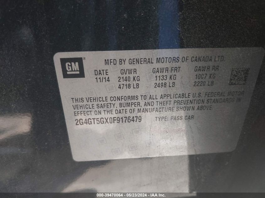 2015 Buick Regal Gs VIN: 2G4GT5GX0F9176479 Lot: 39470064