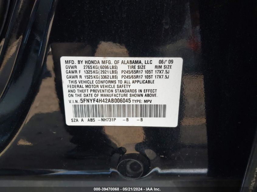 2010 Honda Pilot Ex VIN: 5FNYF4H42AB006045 Lot: 39470068