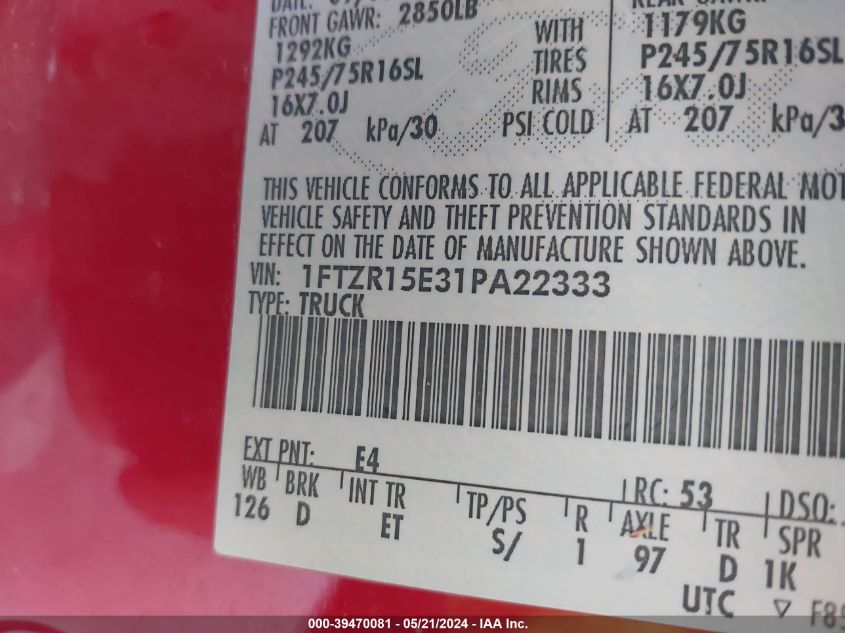 2001 Ford Ranger Edge/Xlt VIN: 1FTZR15E31PA22333 Lot: 39470081