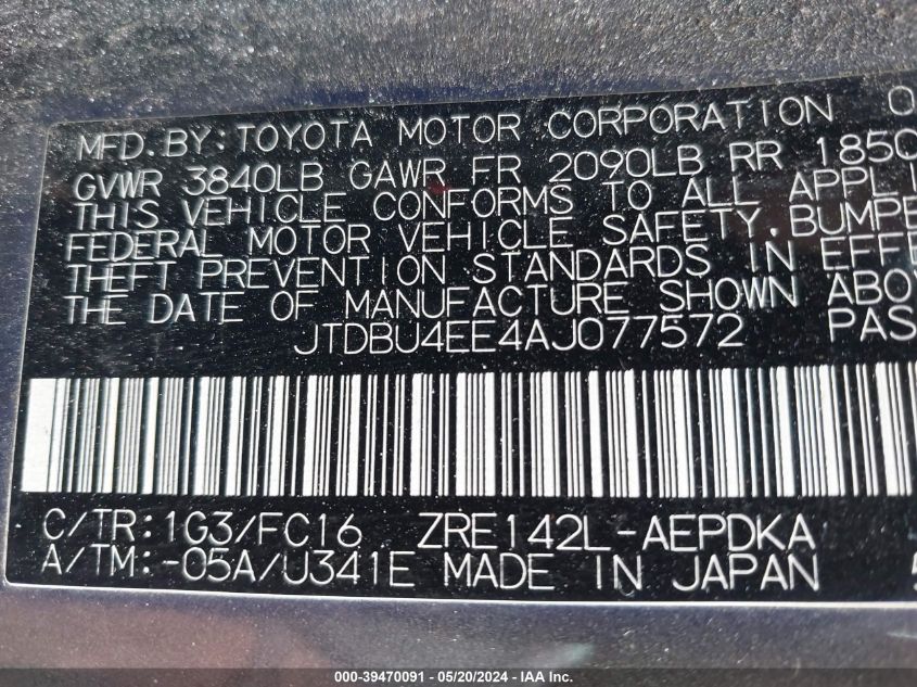 2010 Toyota Corolla Le VIN: JTDBU4EE4AJ077572 Lot: 39470091