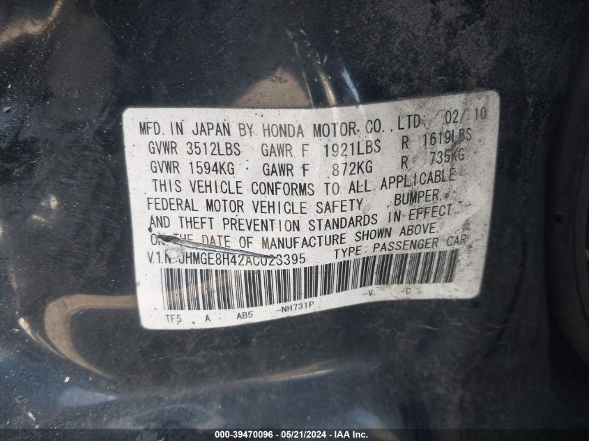 2010 Honda Fit Sport VIN: JHMGE8H42AC023395 Lot: 39470096